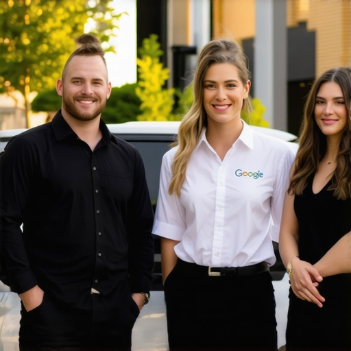 A real photo of a local business team at their storefront providing visual proof of existence.
