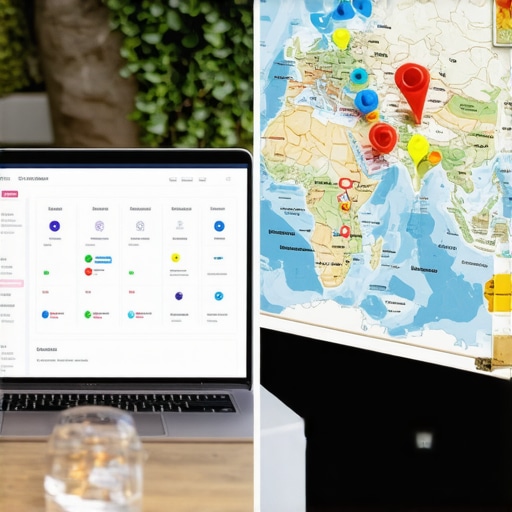 Balancing Digital SEO Tools with Physical Local Map Accuracy An organized SEO dashboard alongside a physical map used for tracking local business rankings.