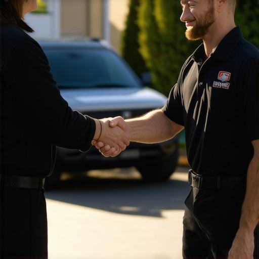 A service technician and homeowner shaking hands on a porch symbolizing local business trust and proximity.