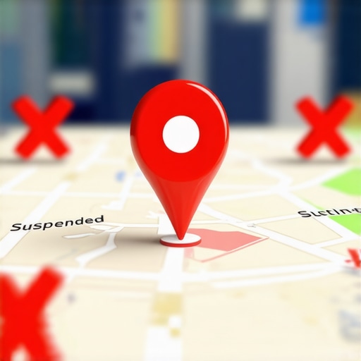A digital map showing a red suspension notice on a local business listing profile.