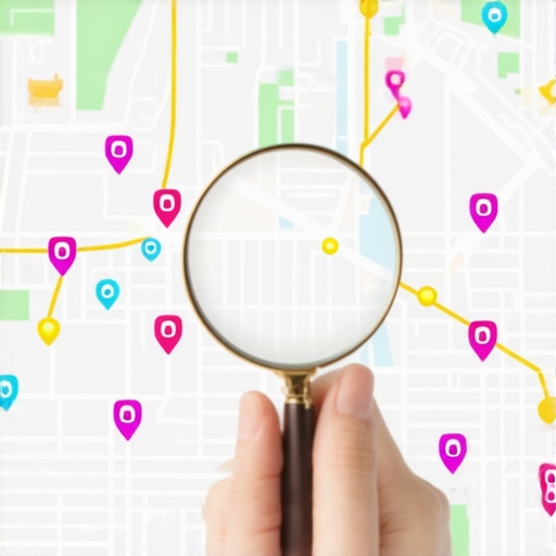 Magnifying glass over a digital city map showing local SEO ranking signals and business listings