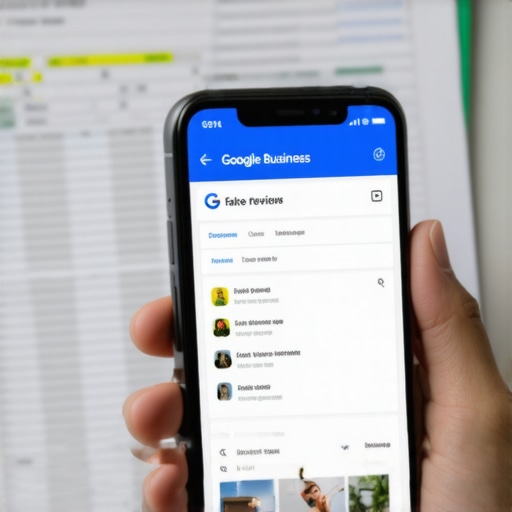 Documenting Fake Review Patterns for Google Support A person tracking suspicious Google review patterns on a spreadsheet to prepare for a removal request.
