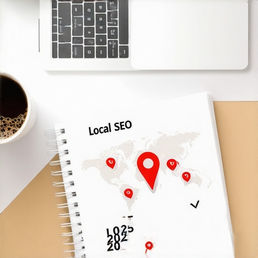 A desk showing local search maps on a laptop and an SEO checklist.