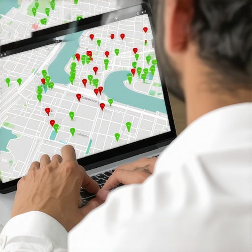 Geogrid Map Ranking Analysis Tool A digital map showing local SEO ranking positions across different neighborhoods using a grid of green and red dots.