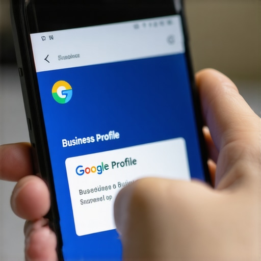 A smartphone screen displaying a Google Business Profile suspension notification due to improper keyword usage in the business name.