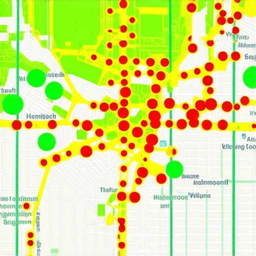 A map showing grid dots representing local SEO rankings across a city area
