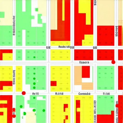 A heatmap showing local search rankings across different geographical coordinates in a city.