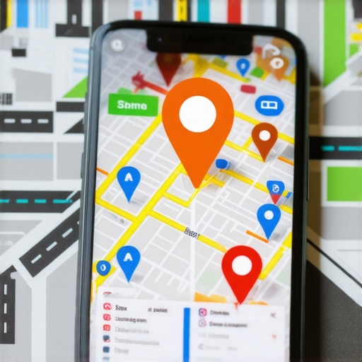 A smartphone showing 3D maps and a glowing business pin representing local search success.