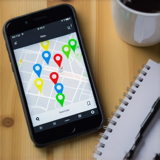 A smartphone showing map search results next to an SEO audit checklist on a desk.