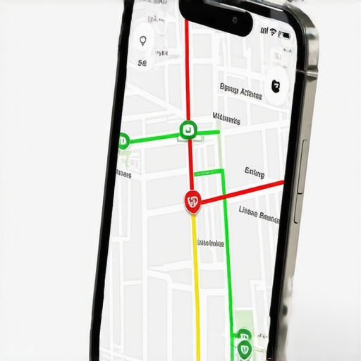 Smartphone displaying a local map tracking grid with ranking positions on a clean desk.