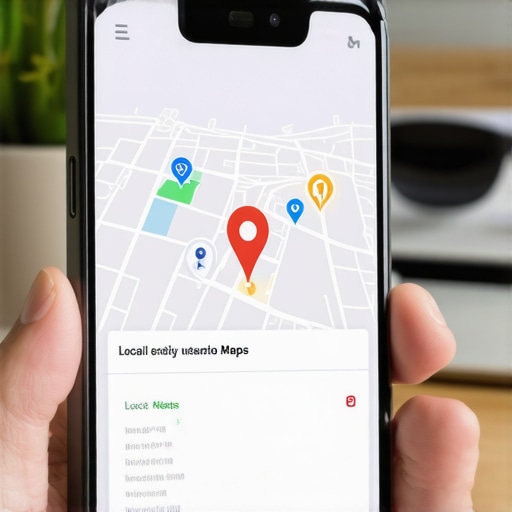 A smartphone showing a prominent business pin on a local map search