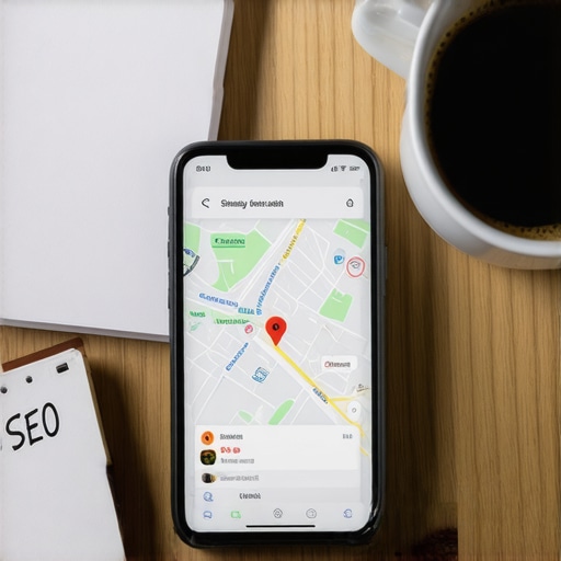 Smartphone showing local map rankings next to SEO notes on a desk
