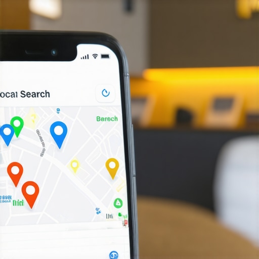 A smartphone showing local map search results with map pins representing local businesses.
