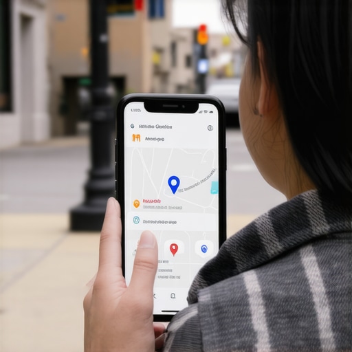 A smartphone showing local search results on a city street to test proximity ranking.