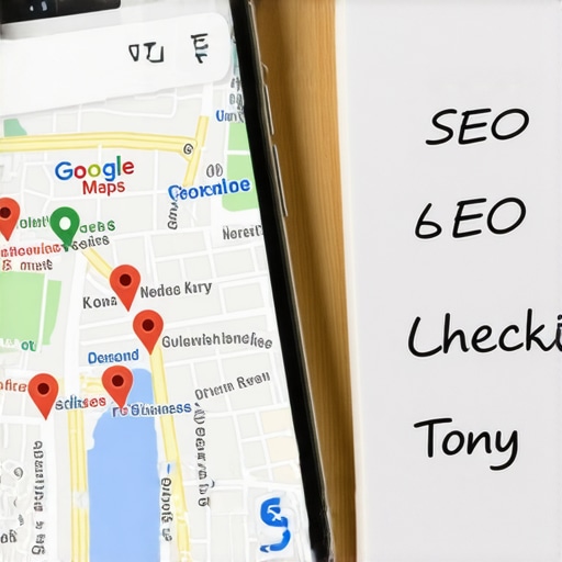 A smartphone showing local business pins on a map next to a physical SEO checklist.