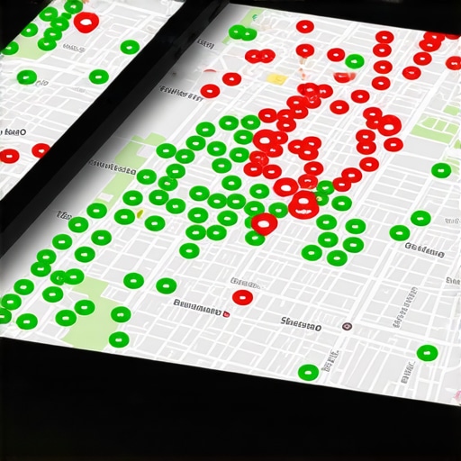 Local SEO Geo-Grid Ranking Heat Map A digital heat map showing local SEO ranking performance across a city grid for a local business.