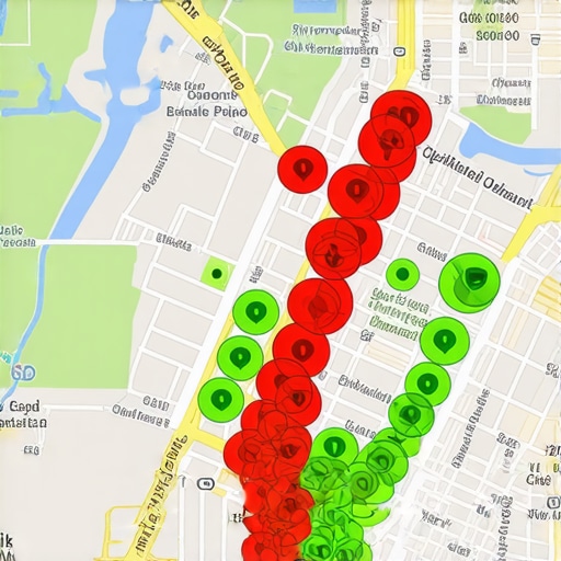 A visualization of local SEO rankings using a geo-grid tool over a city map.