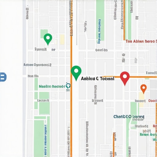 A digital map displaying green and red ranking pins from a local SEO tracking tool.