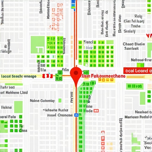 A map showing local search ranking density with green and red pins across a city neighborhood.