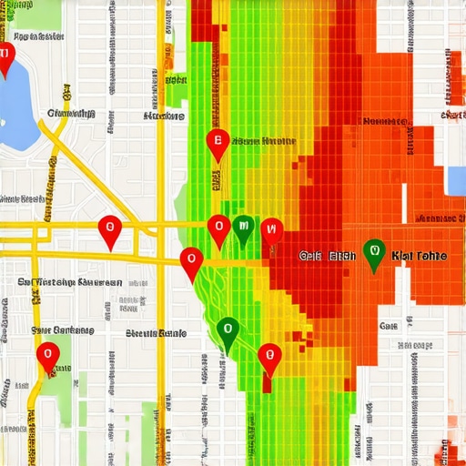 Local SEO Geogrid Heatmap Analysis A geogrid tool showing Google Maps ranking performance across different neighborhoods in a city.