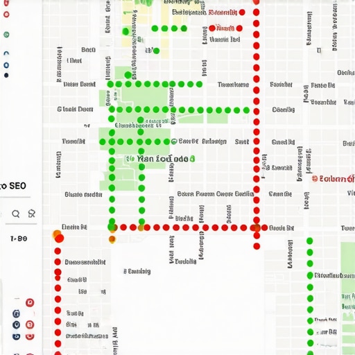 Local SEO Geogrid Ranking Monitor A professional interface showing geographic search ranking dots over a neighborhood map.