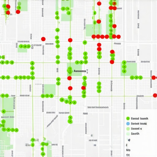 A visualization tool showing local map ranking proximity across a city grid.