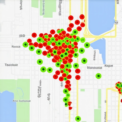 A visualization of local SEO ranking proximity across a city map using grid tracking software.
