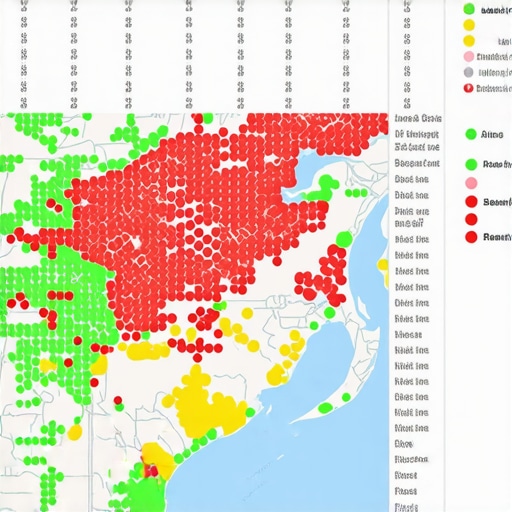 A visualization of local search rankings across a geographic grid showing proximity-based performance.