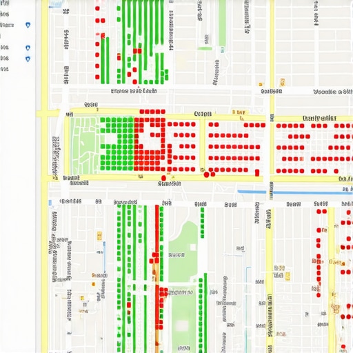 A map-based SEO tracking tool showing search rankings across a specific geographic area