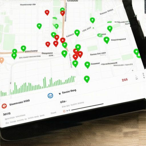 A digital tablet displaying a local SEO grid tracking tool with ranking nodes over a city map.
