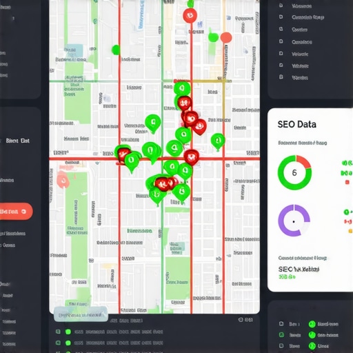 A digital map showing local SEO ranking positions across a city grid.