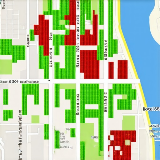 A digital map showing various search ranking positions across a local neighborhood with green and red indicators.