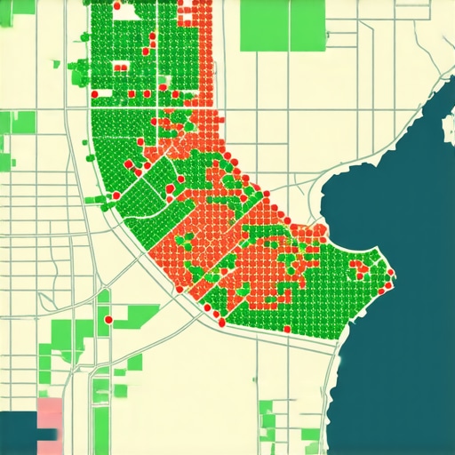 A visual representation of keyword rankings across different geographic locations in a city.
