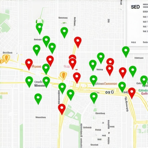 A grid tracking tool showing local search ranking positions across a city map.