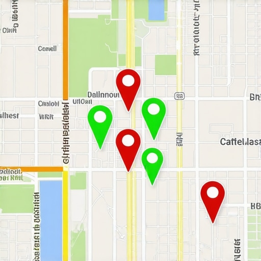 A laptop screen displaying a local SEO grid map with various ranking positions across a city.