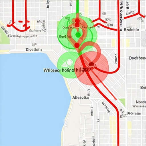 A visual representation of local ranking data on a geographic grid showing local SEO performance.