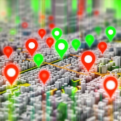 A city map with a grid of ranking bubbles showing local search performance across different neighborhoods.