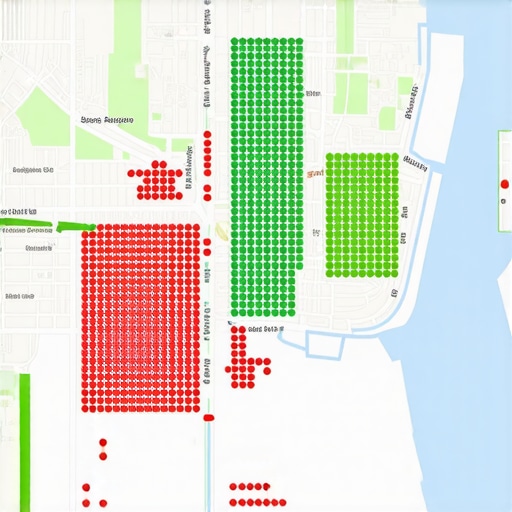 A heat map showing Google Maps ranking positions across a local neighborhood.