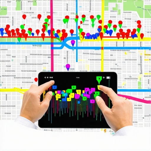 Close up of a tablet screen showing a local SEO grid tracking tool with red and green pins across a neighborhood map