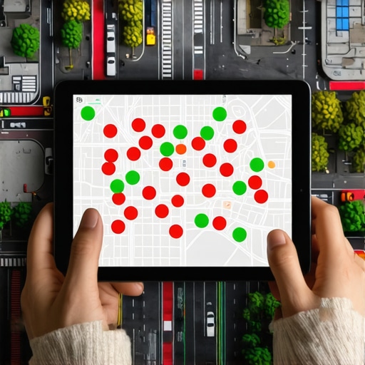 A person analyzing local search ranking data on a digital tablet showing a heat map of business visibility.