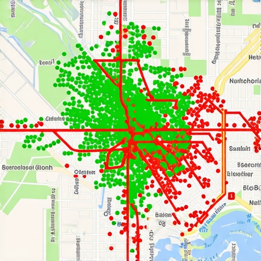 Technical heatmap showing local SEO ranking positions and map pack visibility trends across a city grid.