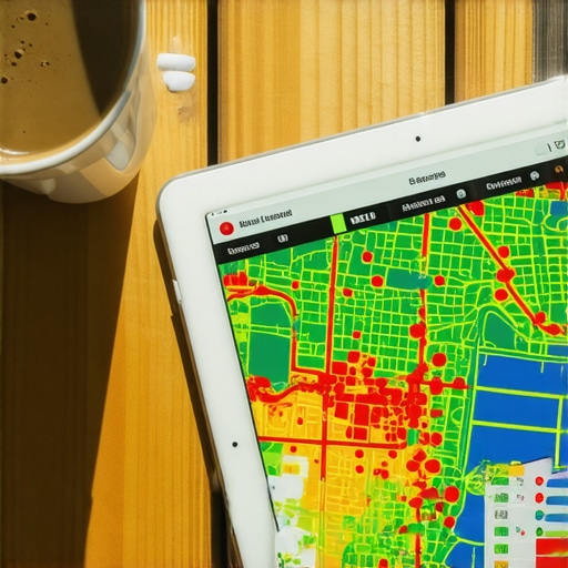 A digital heatmap showing local search ranking performance across a city neighborhood.