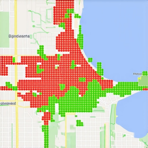 A map showing ranking performance and proximity signals for local business SEO.