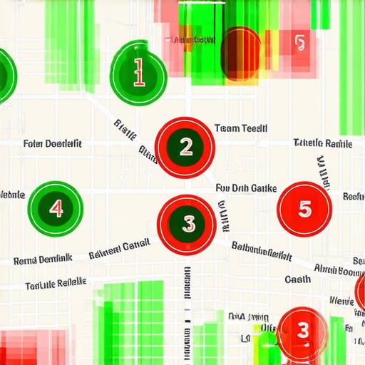 A geographic ranking grid showing local search performance across a specific city neighborhood.