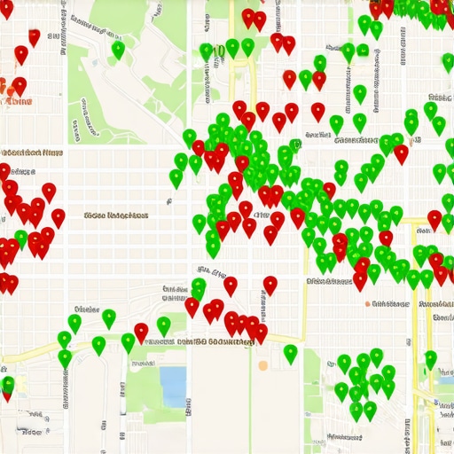 A visualization of local map pack rankings across a geographic area using a grid tracking tool.