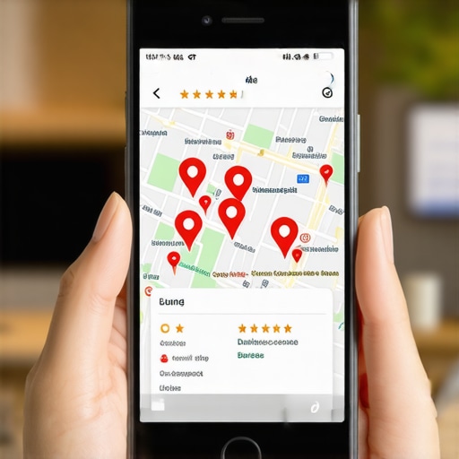 A smartphone showing local map rankings and business pins for local SEO 2025