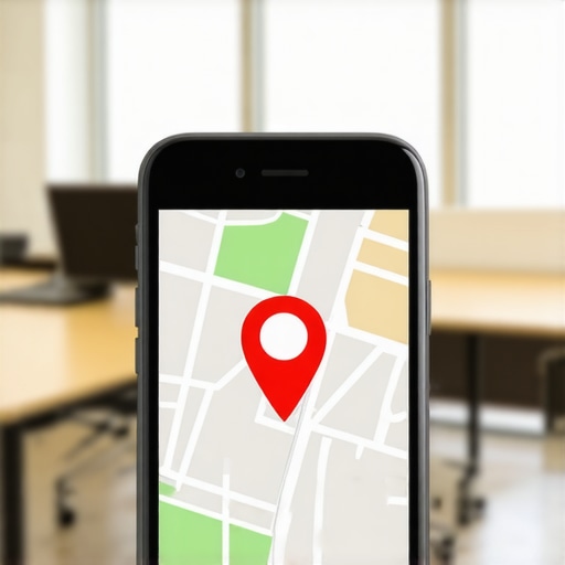 A smartphone displaying a Google Maps interface with a warning icon on a business pin.