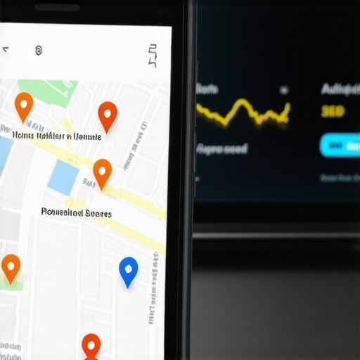 Smartphone displaying local map results next to a laptop with SEO performance charts.
