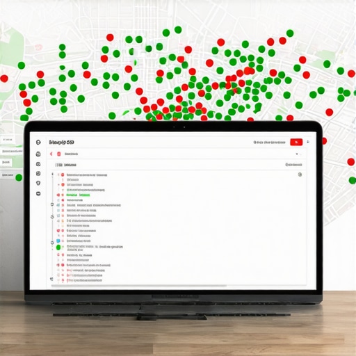 A digital map showing local search ranking performance across different city coordinates for a small business.