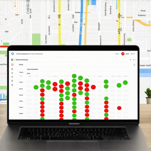 A proximity heatmap showing local search ranking strength across a city map for business optimization.